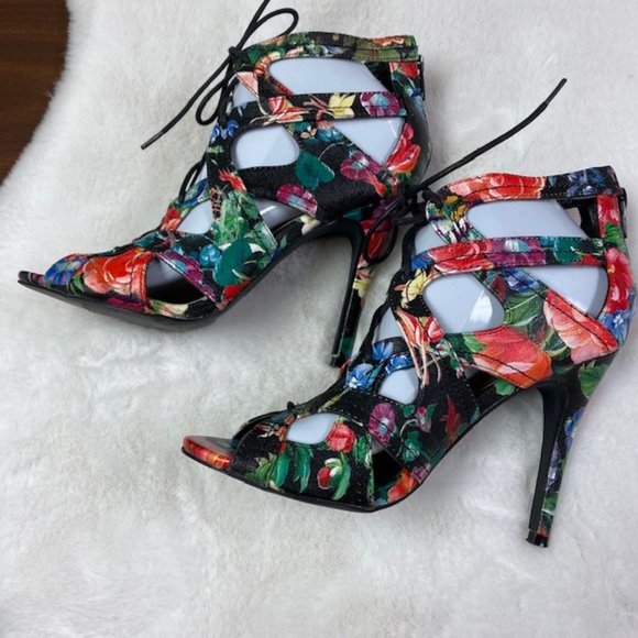 Madden Girl Dita‎ Floral Lace Up Stilettos Open Toe Heels, size 8 - Picture 5 of 10